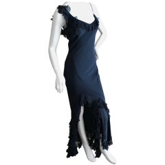 John Galliano Vintage Ruffled Flamenco Black Chiffon Dress with High Slit Sz 40