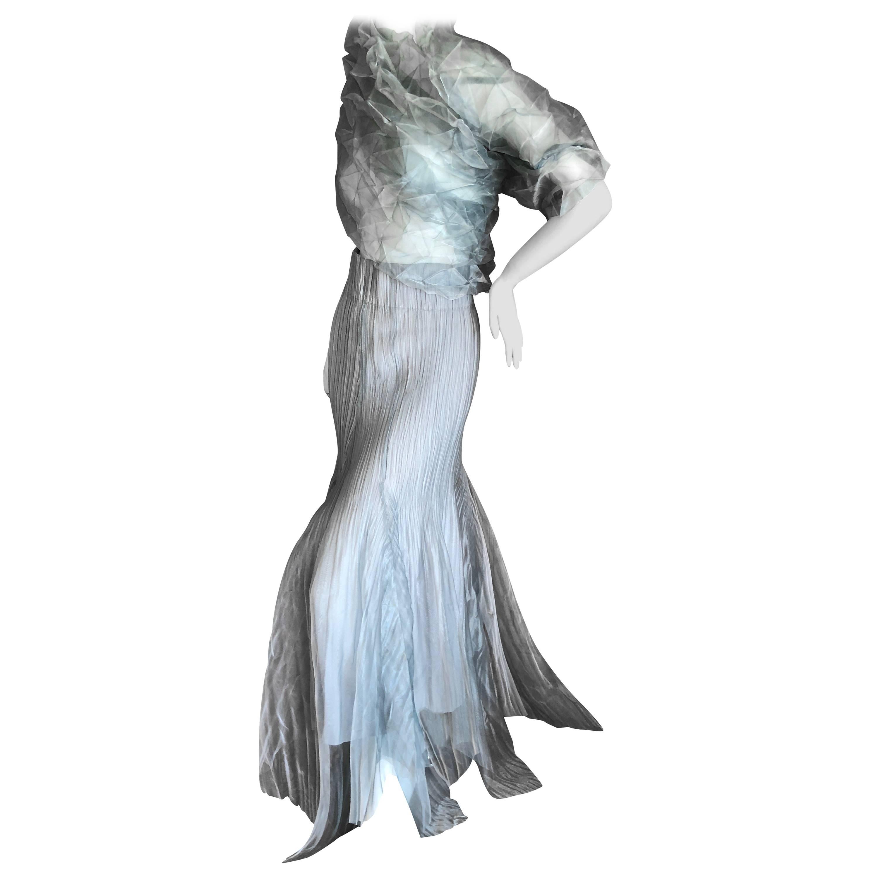 Issey Miyake Fete Vintage Silvery Evening Dress or Skirt w Matching Pyramid Wrap For Sale