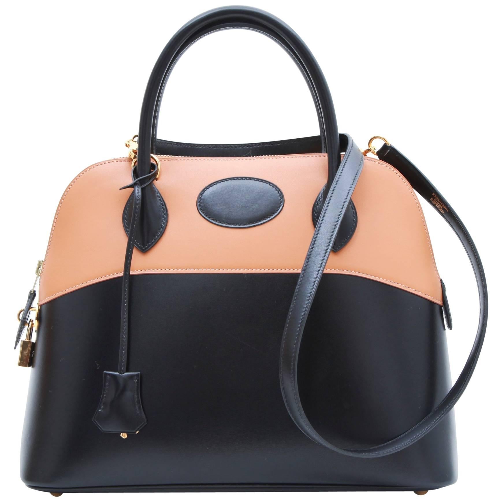 HERMES 'Bolide' Bag in Two-Tone Gold and Black Box Leather