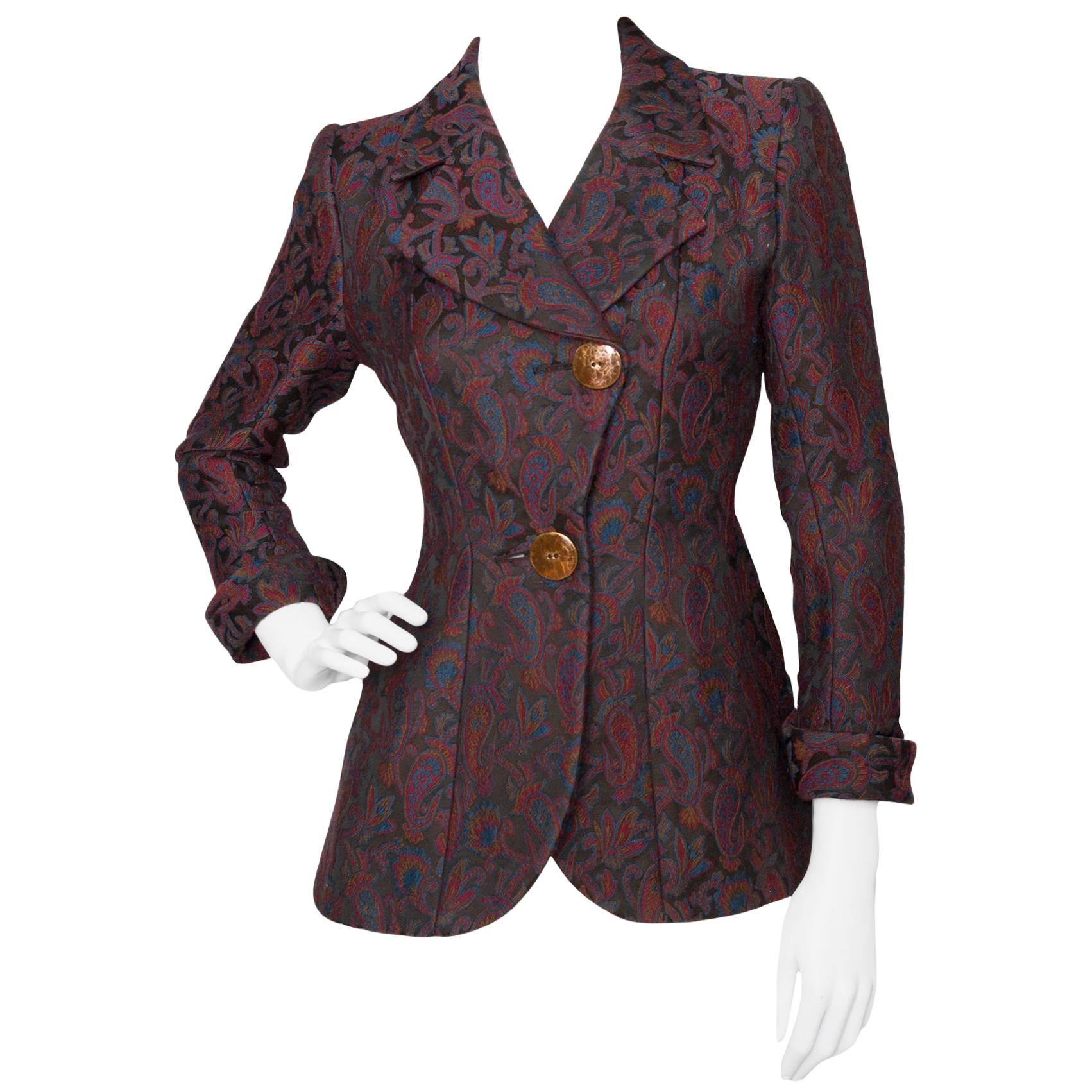 Yves Saint Laurent Vintage Rive Gauche Tapestry Paisley Printed Blazer XS For Sale
