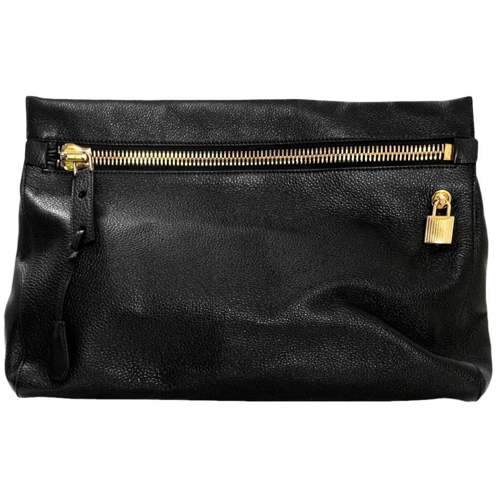Tom Ford Black Leather Oversized Alix Padlock Clutch Bag with Dmust Bag