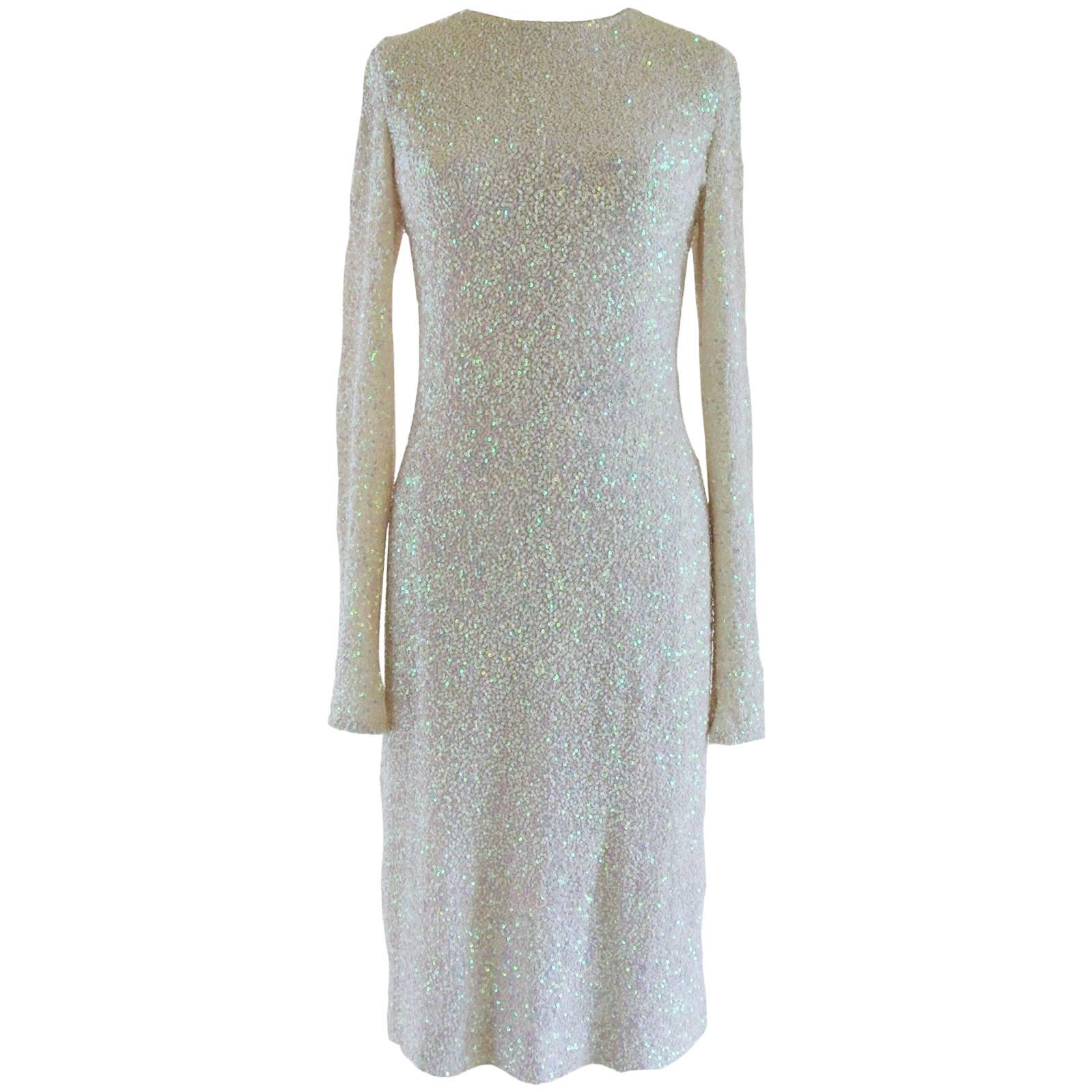 Lorry Newhouse Mid-Length Iridescent White Sequin Dress  For Sale