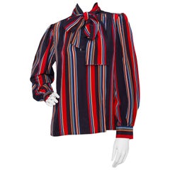 Yves Saint Laurent Vintage Striped Bow Collar Silk Blouse M, 1980s