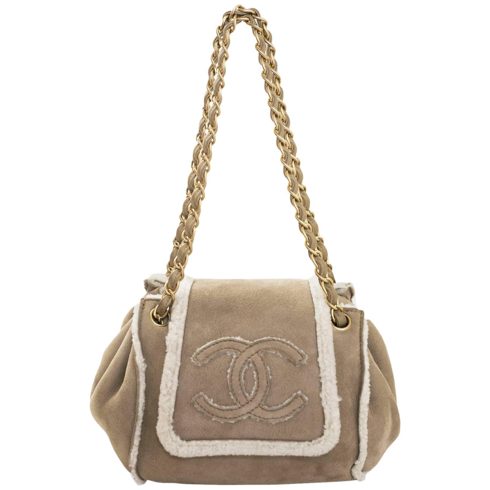 Chanel Beige Shearling Suede CC Small Accordion Bag