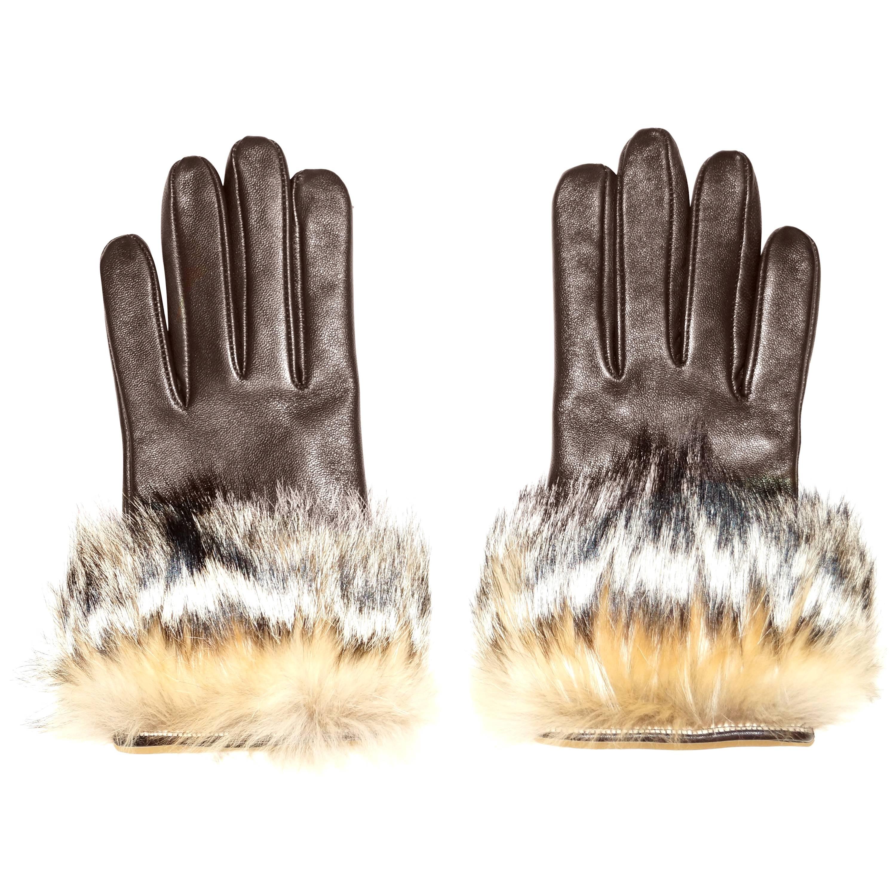 Vintage Italian Brown Leather Gloves with Fur Cuffs
