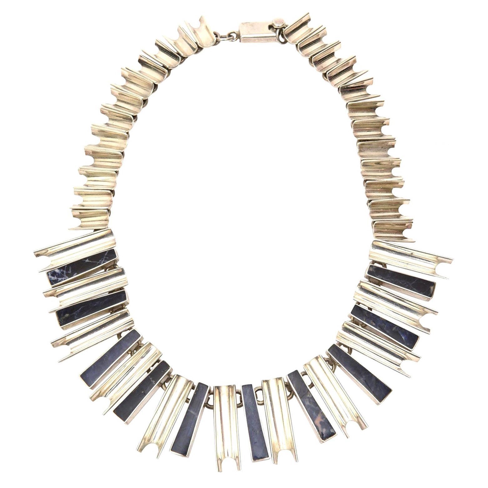 Vintage Signed Sterling Silver and Lapis Lazuli Sculptural Necklace For Sale