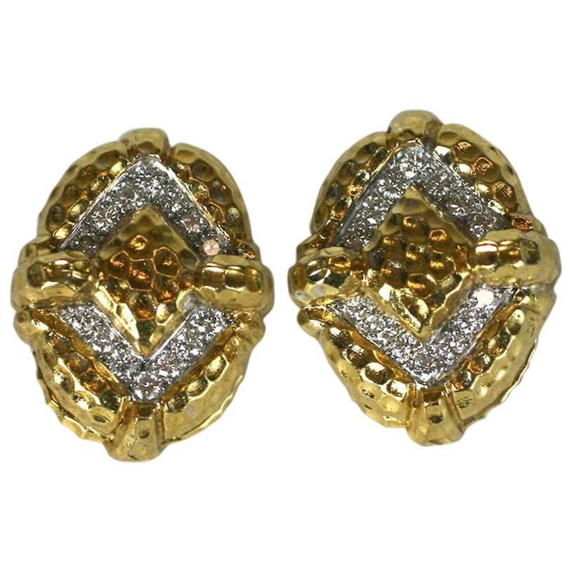 Hammered Gold and Diamond Earrings For Sale