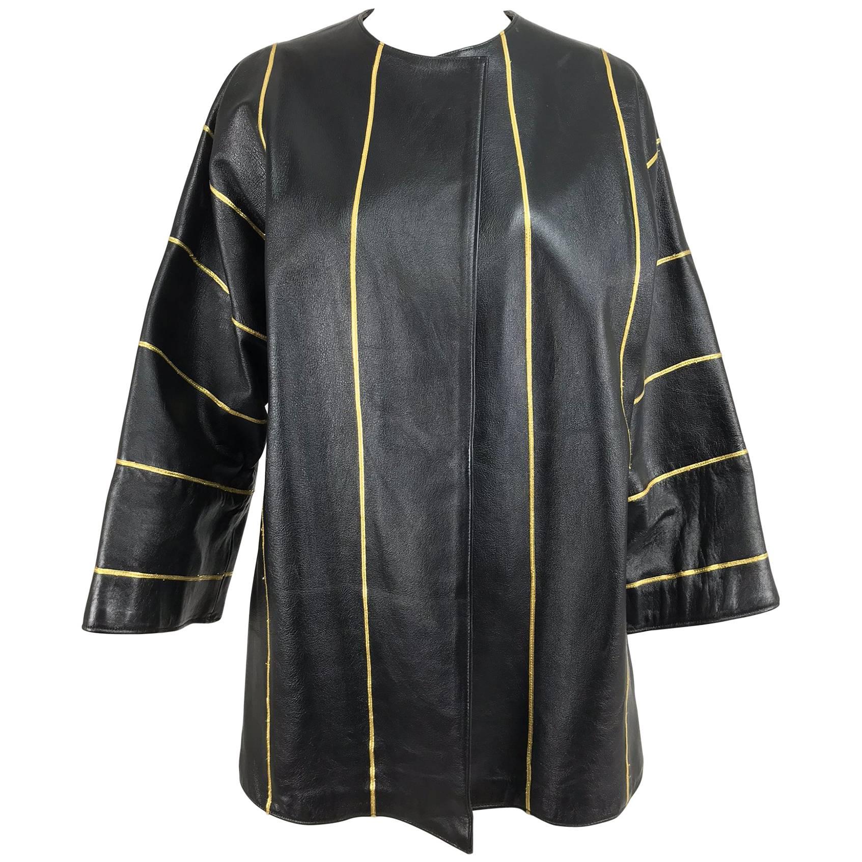 Black leather jacket gold braid trim 1990s Izabel For Sale at 1stDibs