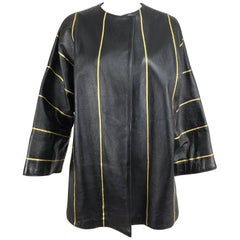 Vintage Black leather jacket gold braid trim 1990s Izabel