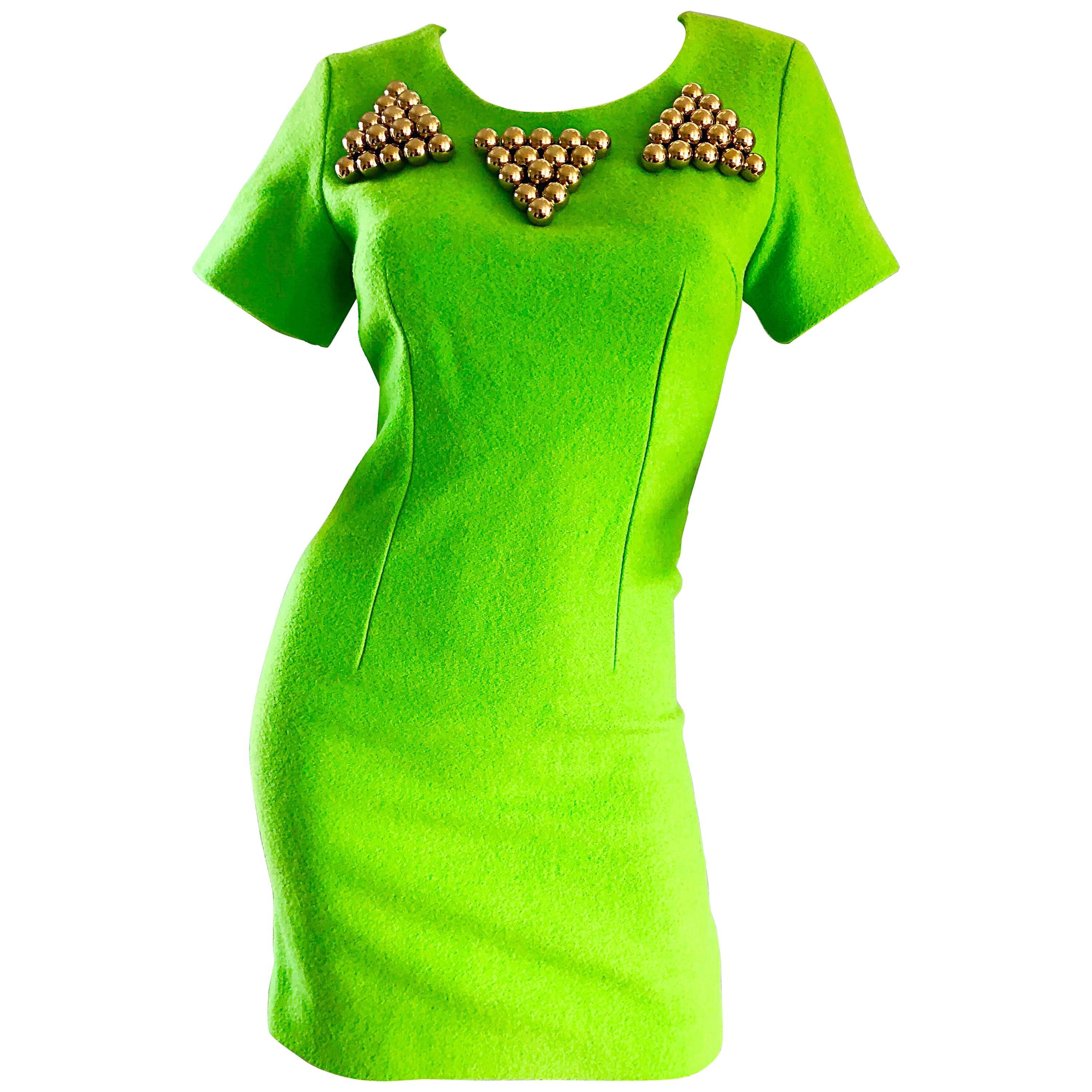 1990s Gianni Versace Neon Lime Green Bodycon Wool Vintage 90s Mini Dress