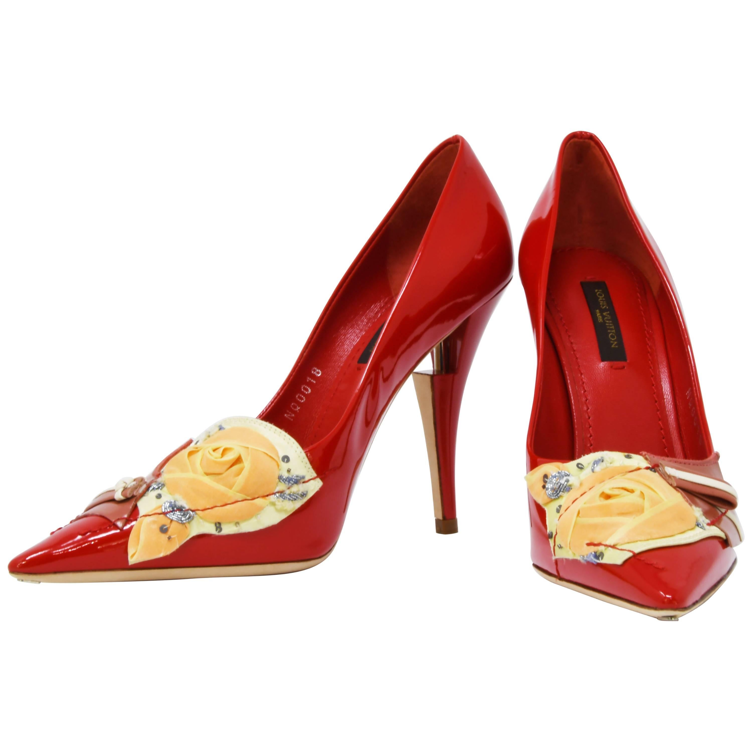 Louis Vuitton French Riviera Red Patent Leather Pumps, Size 37 For Sale