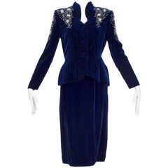 Schiaparelli-Inspired Blue Velvet Bead and Pearl Peplum Suit, 1940s