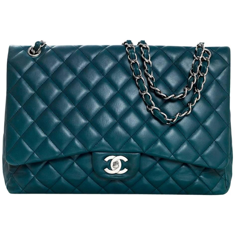 2/5 Chanel Teal Quilted Lambskin Leather Single Flap Classic Maxi Bag