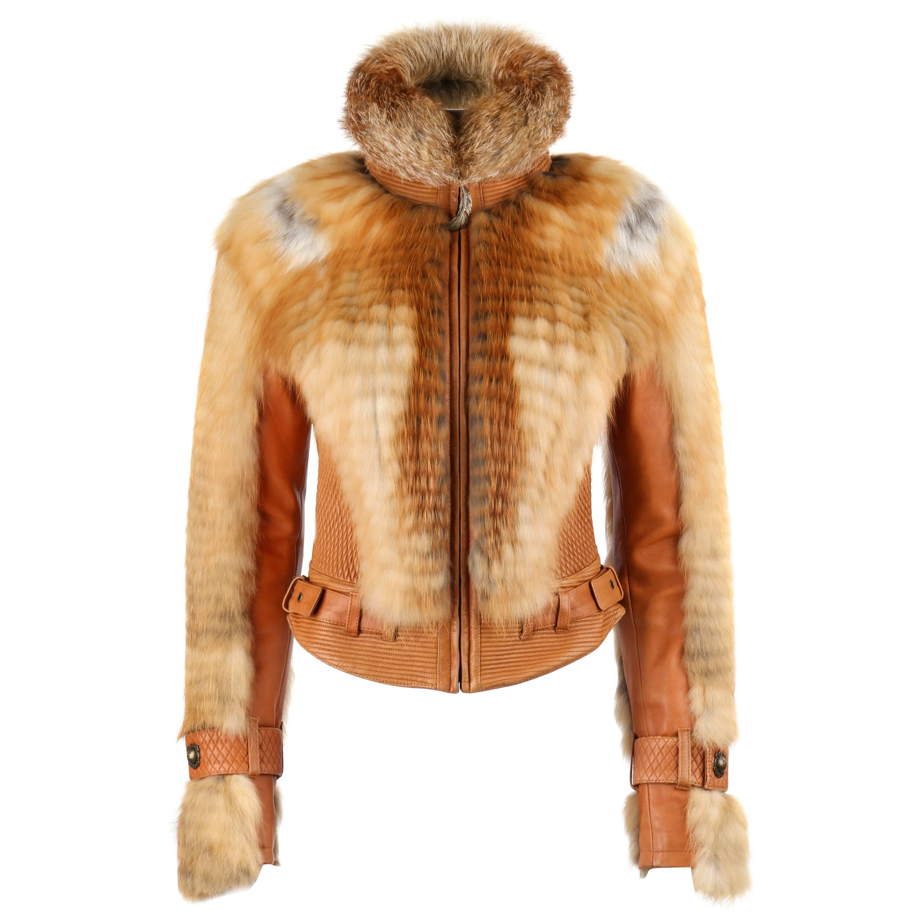 ROBERTO CAVALLI Just Cavalli A/W 2007 Tan Leather Genuine Fox Fur Moto Jacket