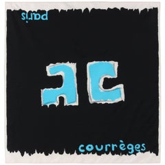 COURREGES c.1960's Black Silk AC Logo Square Scarf Handkerchief 