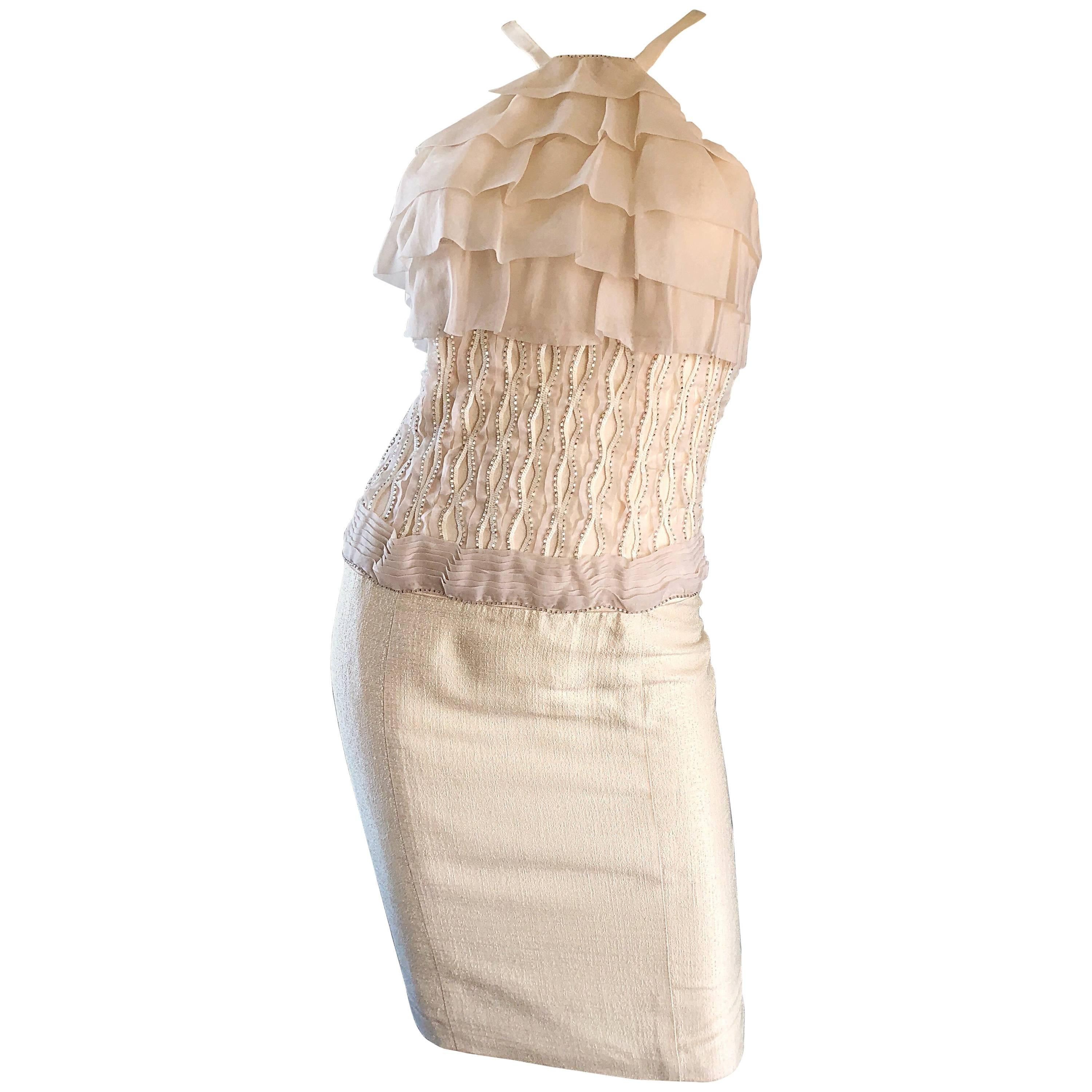 Gustavo Cadile Early 2000s Off - White Ivory Silk Beaded Ruffle Cocktail Dress