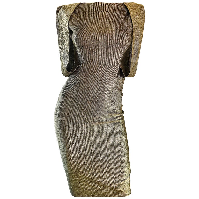 Gorgeous Demi Couture Gold Metallic Cut Out Back Vintage 1950s Wiggle Dress  For Sale at 1stDibs