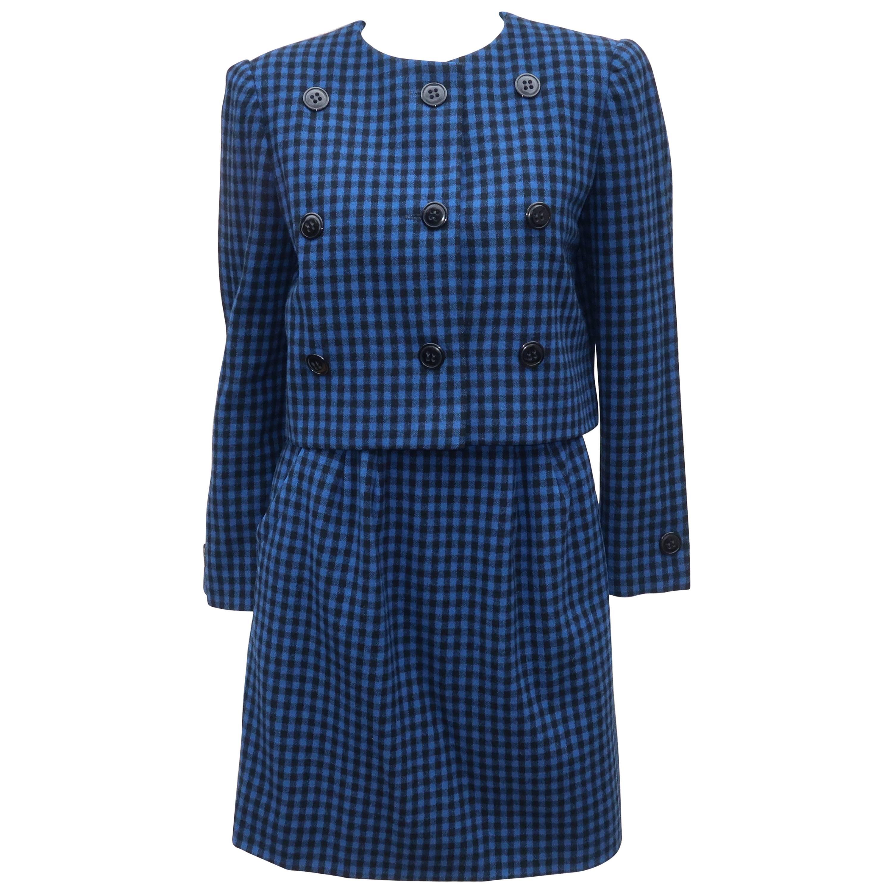 C.1970 Mollie Parnis Black & Blue Wool Gingham Suit