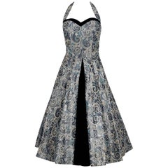 1950's Claudia Young Metallic Embroidered Silver Taffeta Halter Party Dress