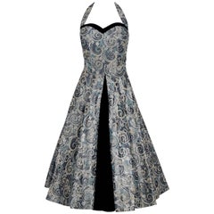 Retro 1950's Claudia Young Metallic Embroidered Silver Taffeta Halter Party Dress 