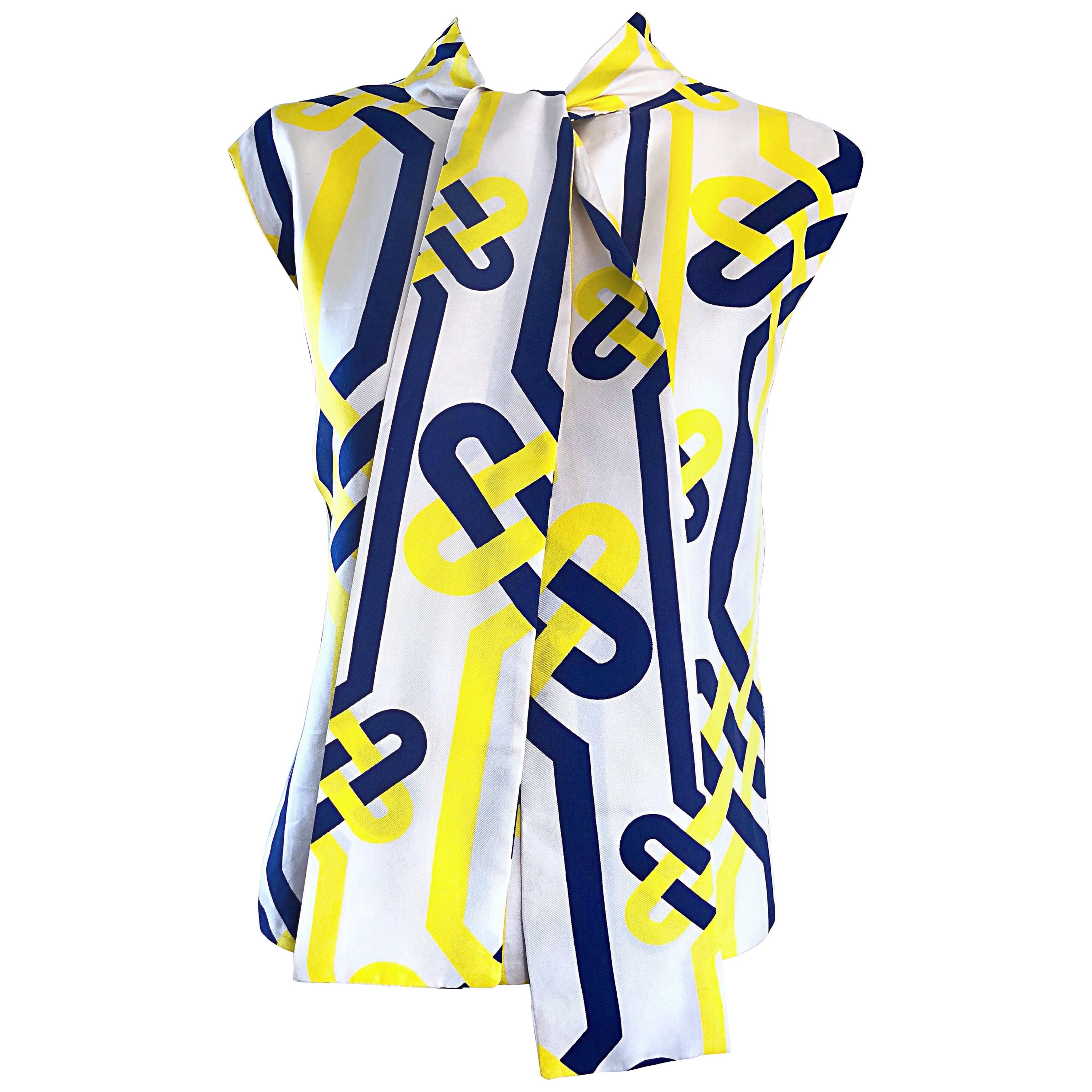 1960s Lanvin Couture Blue Yellow and White Vintage 60s Nautical Silk Blouse