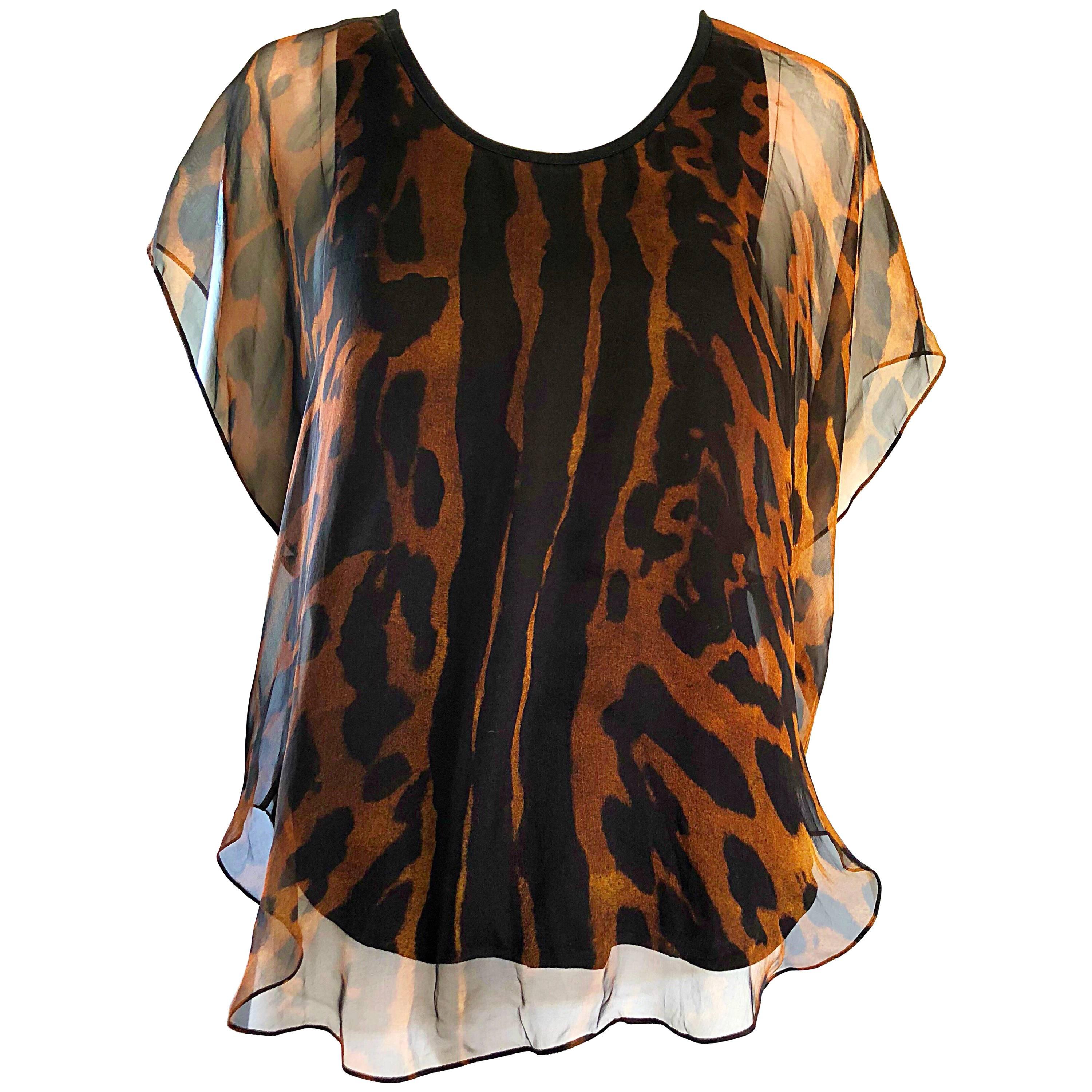 Alexander McQueen Early 2000s Leopard Cheetah Print Silk Chiffon Top / Blouse