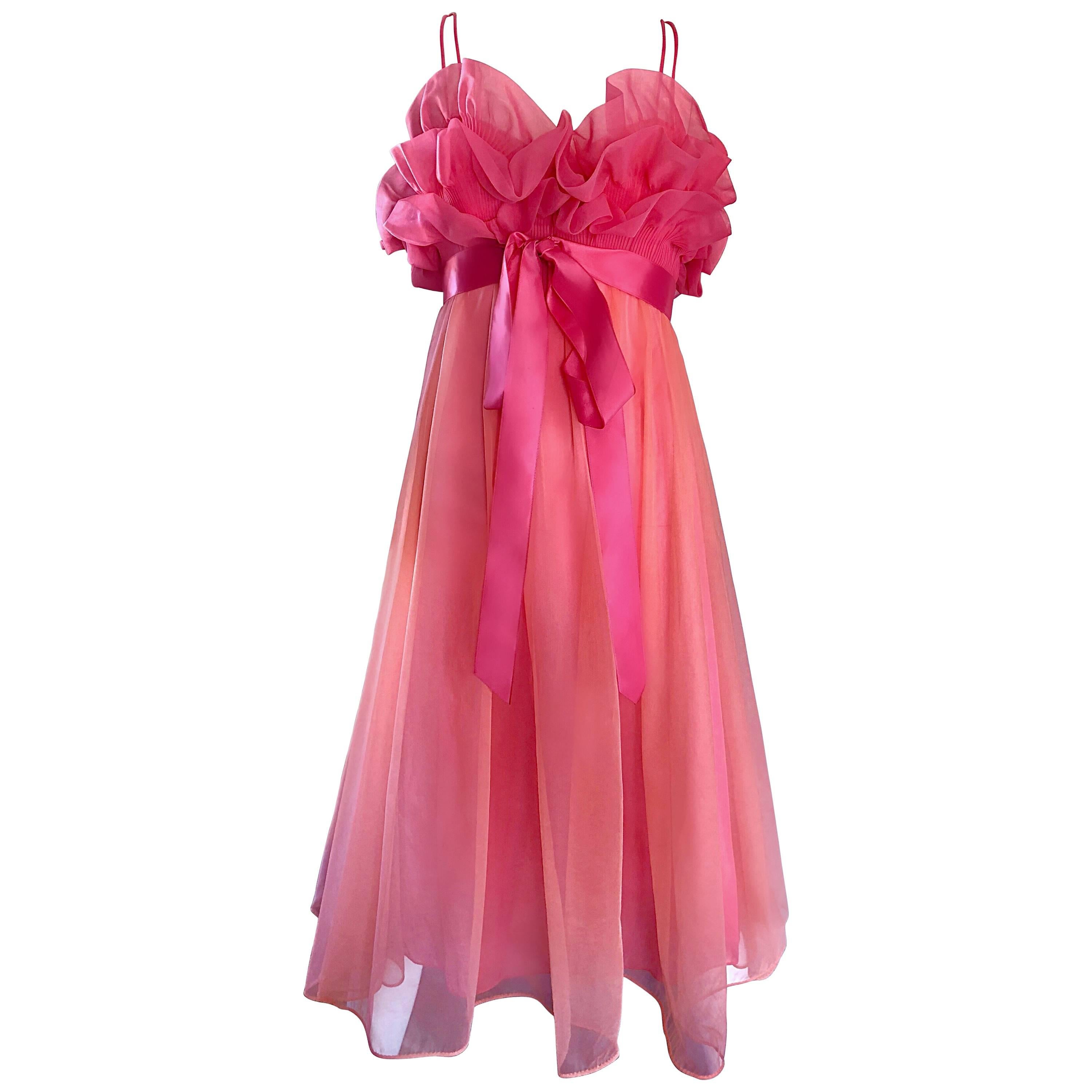1960s Vanity Fair Negligee Peignoir Hot Pink Ruffled Nightgown Dress