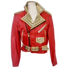 Vintage Red Leather & Gold Metallic Stud Motorcycle Jacket