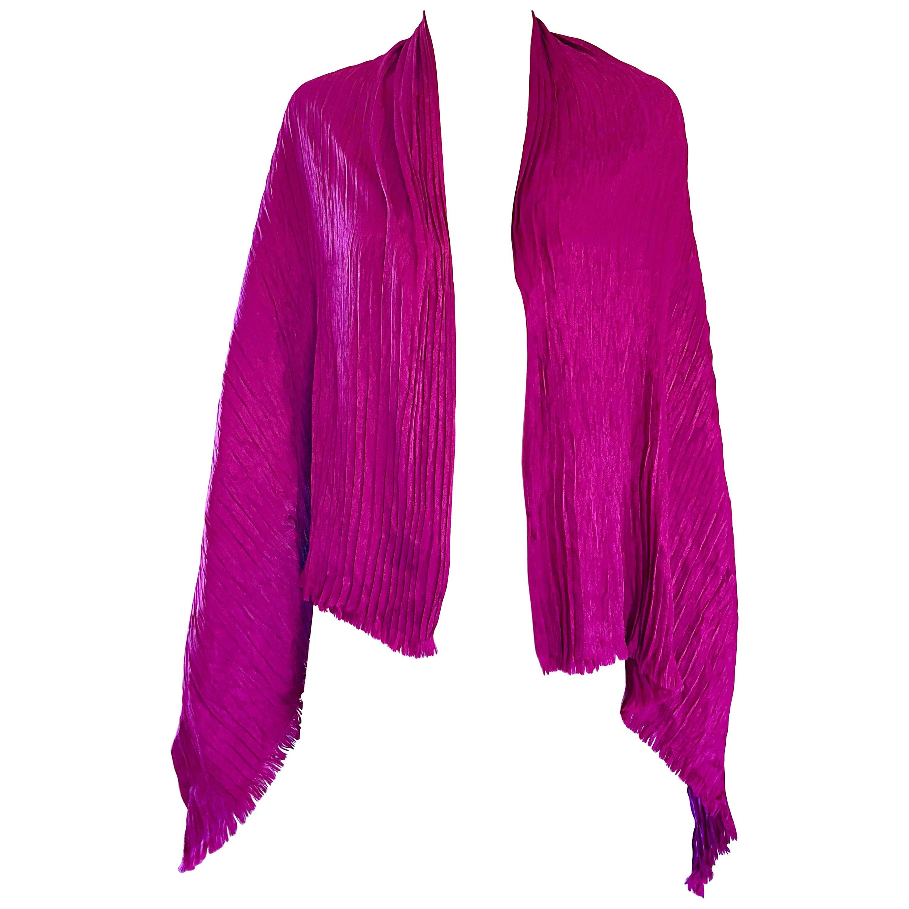 Yves Saint Laurent YSL Vintage Fuschia Hot Pink Silk Plisse 70s Shawl