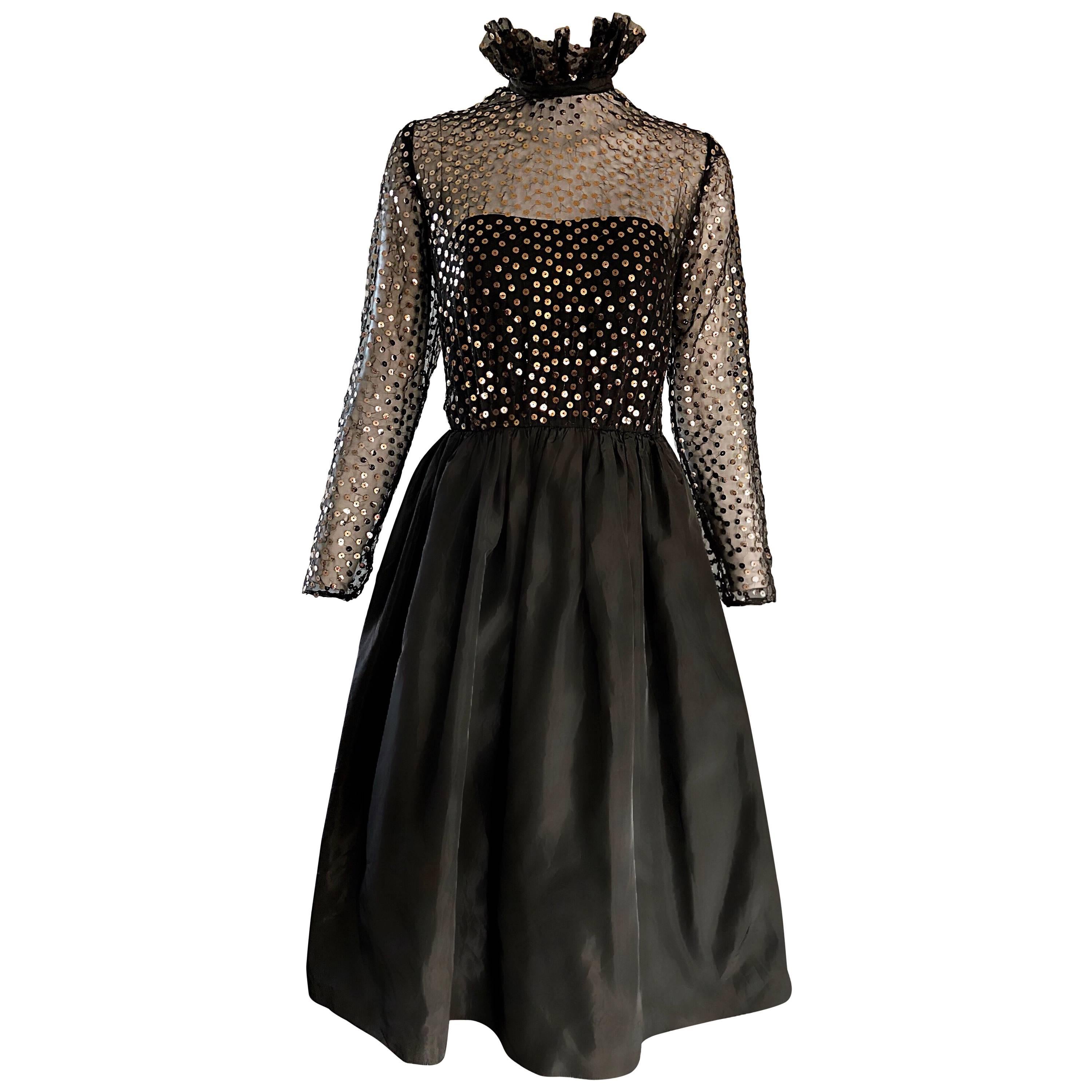 Bill Blass Vintage Black and Gold Sequined Fit n' Flare Victorian Revival Dress