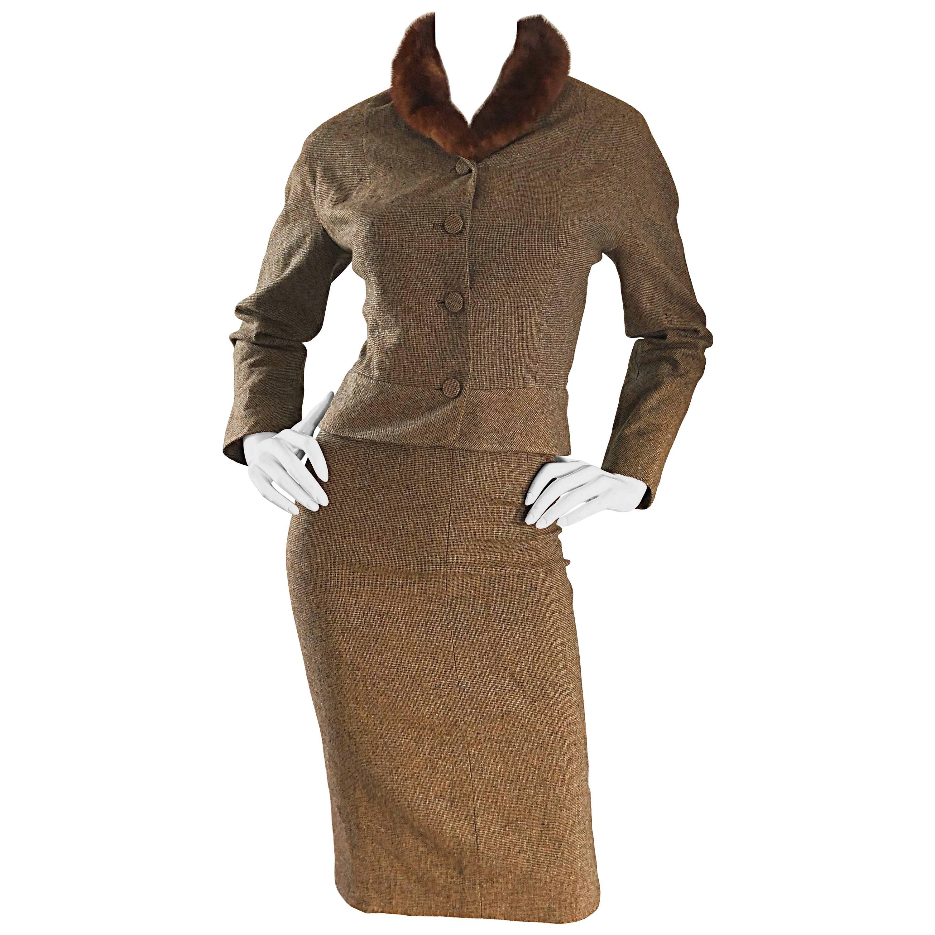 1940s Walda Scott Brown Vintage Mink Collar Wool Skirt Suit
