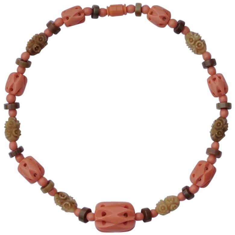 1930s Coral, Muted Green and Brown Carved Galalith Necklace