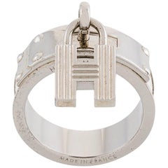 Hermes H White Leather and Silver Scarf Ring