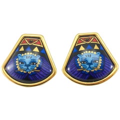 1990's Hermes Art Deco Inspired with Cat Motif Gold-Plated and Enamel Earrings