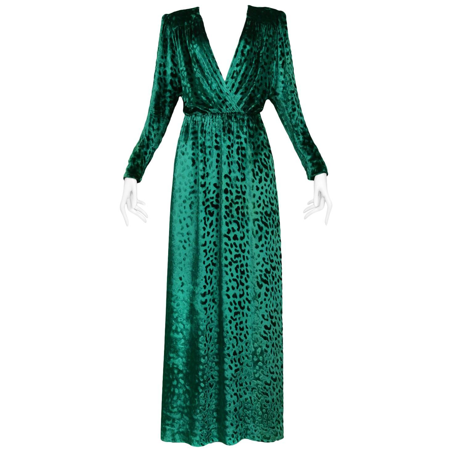 Yves Saint Laurent Vintage Emerald Green Velvet Leopard Gown 