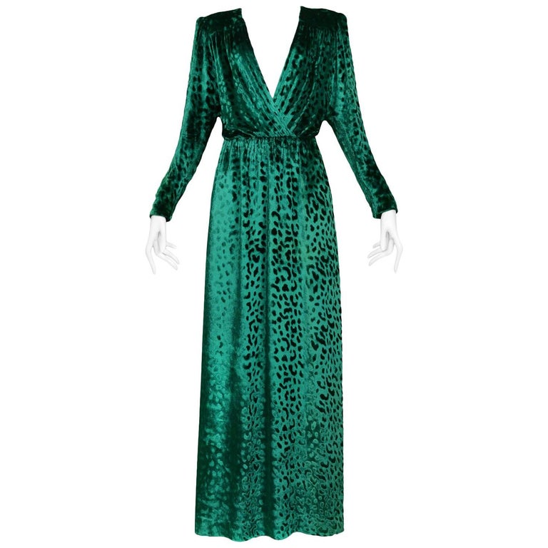 Yves Saint Laurent Vintage Emerald Green Velvet Leopard Gown at 1stDibs | ysl velvet dress, emerald green evening dress, saint laurent green velvet dress