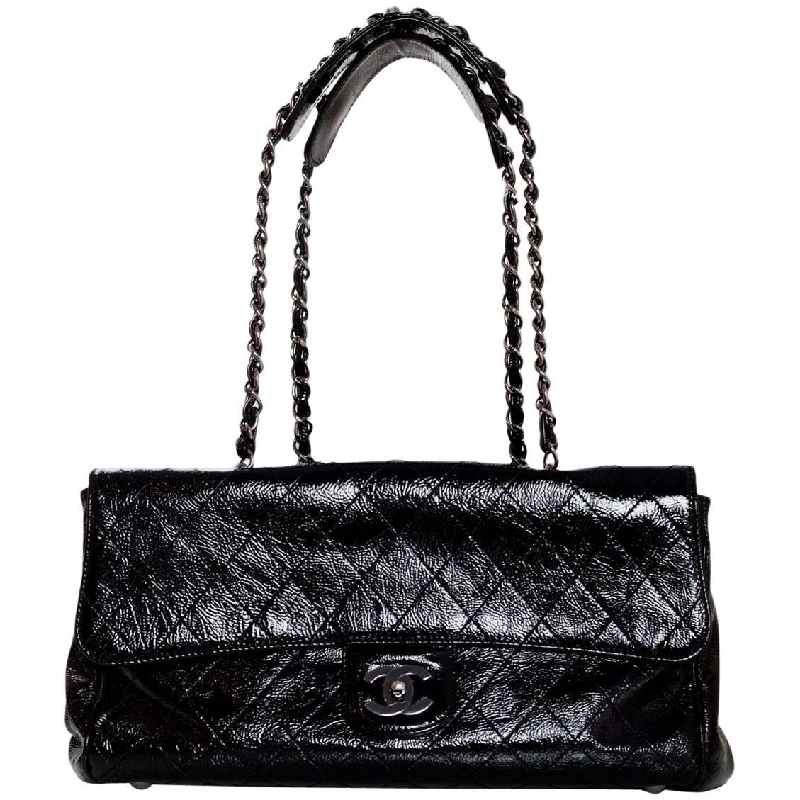 Chanel Black Crackled Patent Leather Ritz Quilted Flap Bag 