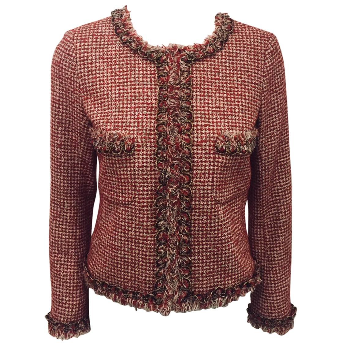 Chanel Red Ivory and Metallic Gold Tweed Jacket With Lesage Embroidery