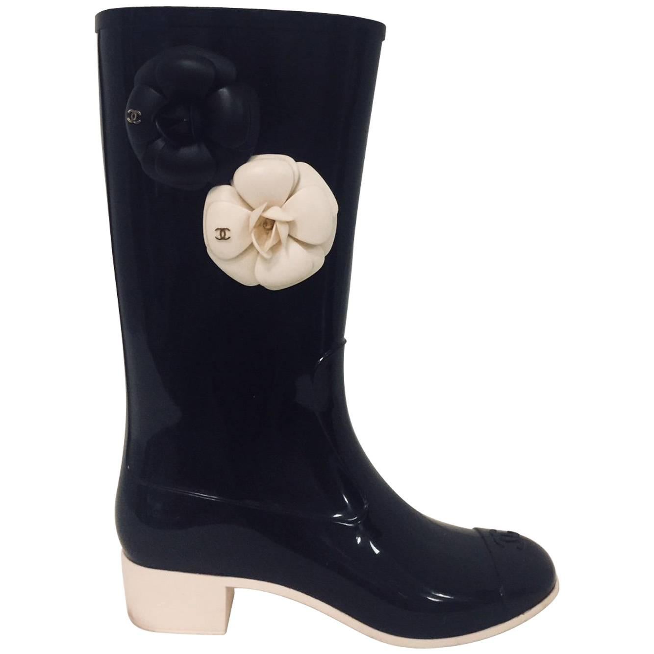 Coveted Chanel Black Cap Toe Wellington Boots with Two Camellia Shaft
