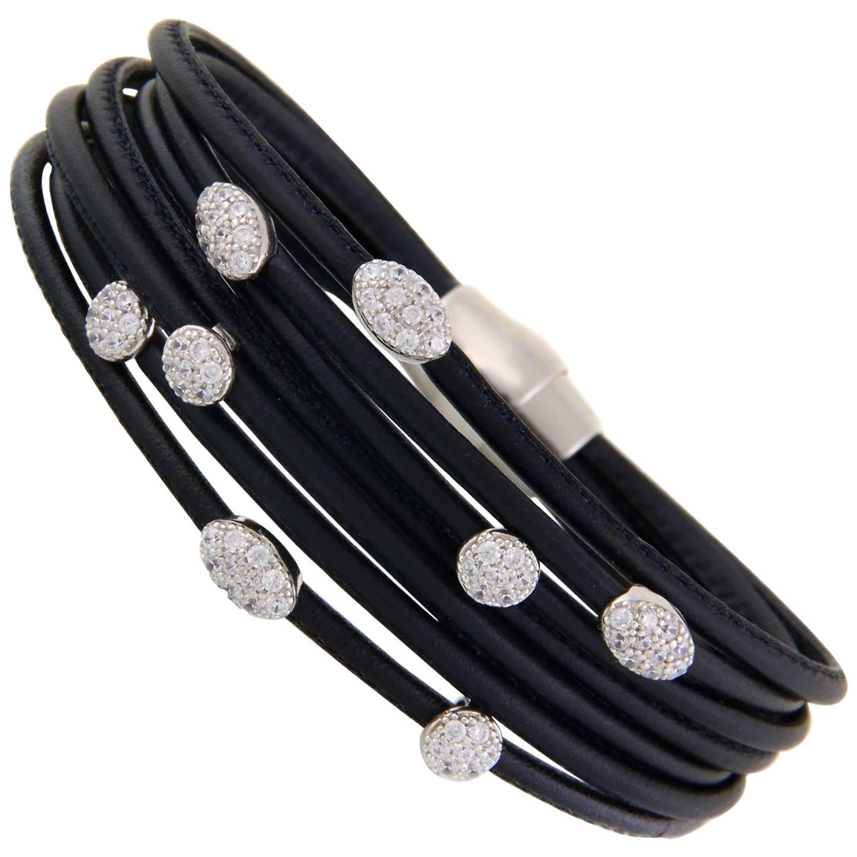 LUCA LORENZINI Black Leather Bracelet made in Italy with Silver Metal Setting, White Sapphires and a Magnetic Clasp.  