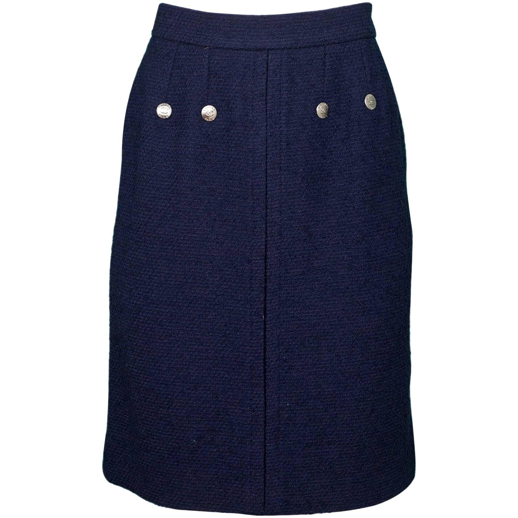 Chanel Navy Wool Boucle Skirt Sz FR40
