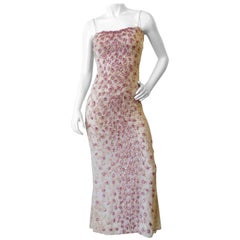 Vintage Badgley Mischka Cream & Pink Beaded Evening Gown