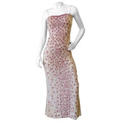 Vintage Badgley Mischka Cream & Pink Beaded Evening Gown 