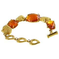Yves Saint Laurent Paris Signed Bracelet Orange Resin and Gilt Metal Cabochons