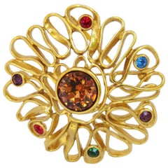 Vintage Yves Saint Laurent YSL Signed Elegant Jeweled Gilt Metal Pin Brooch Pendant