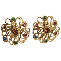 Yves Saint Laurent YSL Paris Signed Jeweled Clip On Earrings