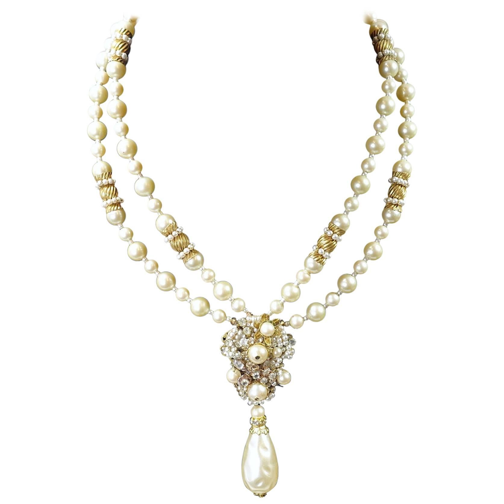 1950s DeMario Vintage Faux Pearl 2 Strand Drop Necklace For Sale