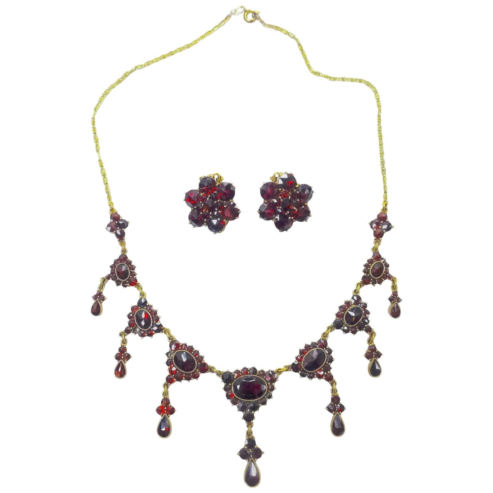 1920s Vintage Art Deco Garnet Gold Necklace and Earrings