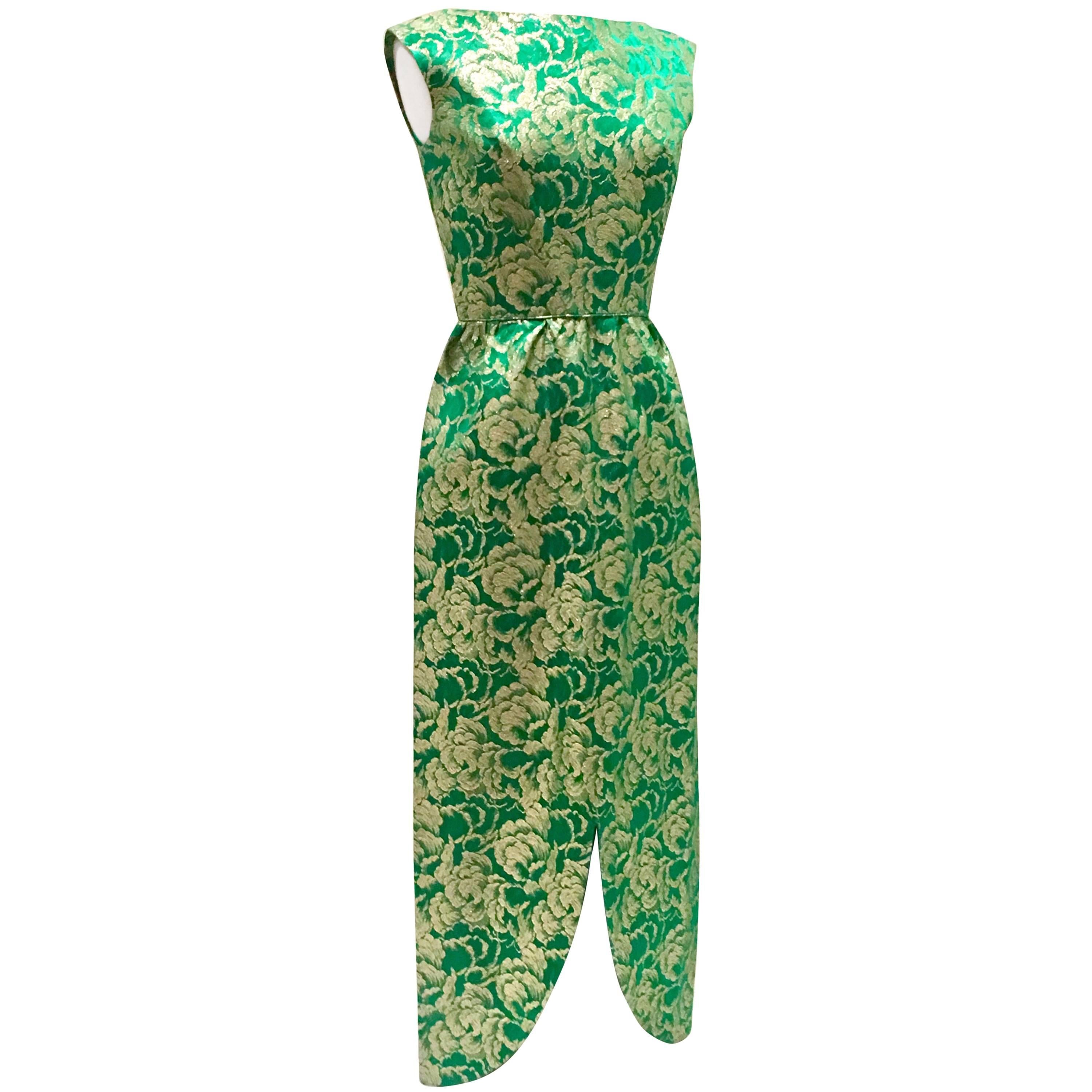 60'S Green & Gold Metallic Brocade Full Length Cocktail Dress 
