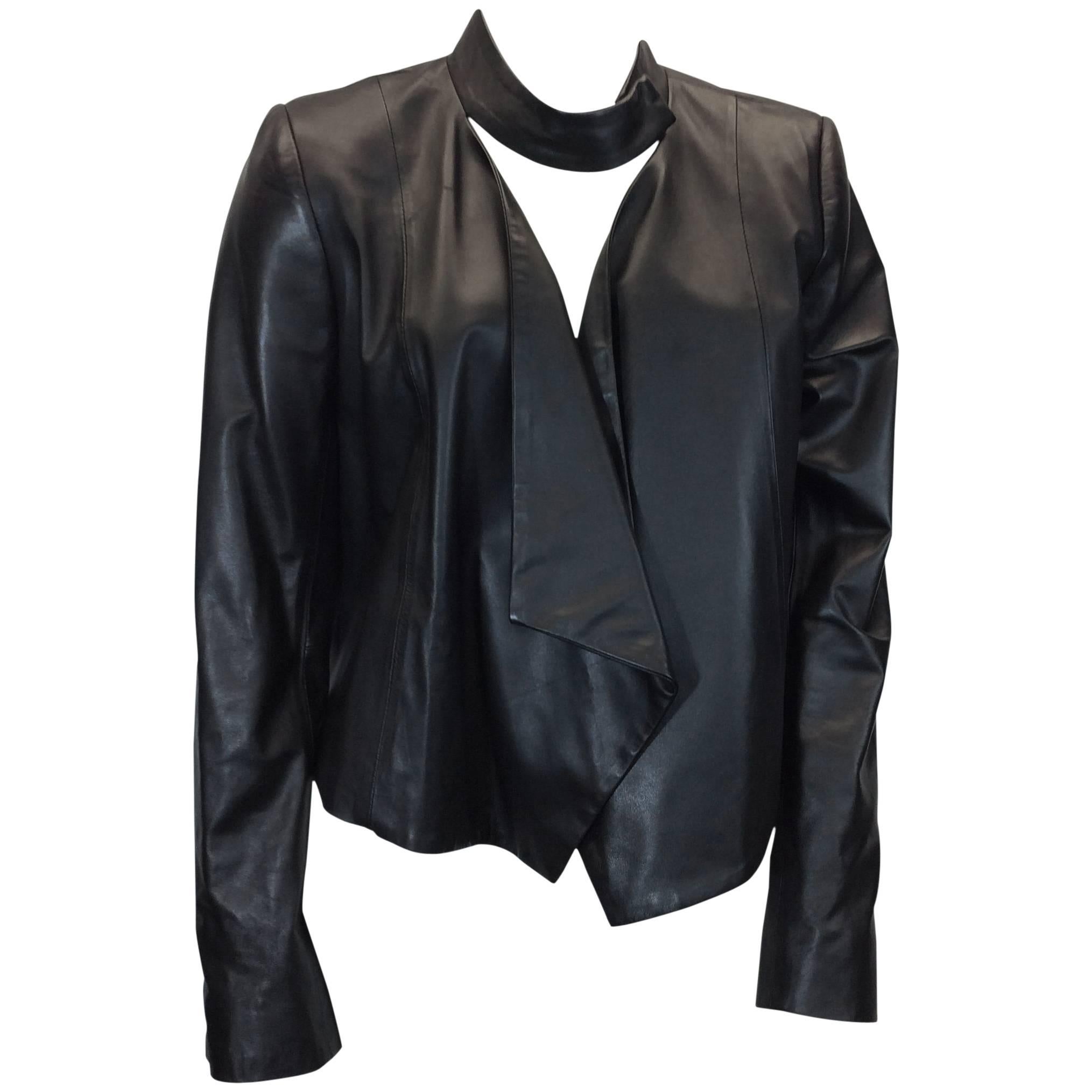 Intermix Black Leather Cropped Jacket For Sale